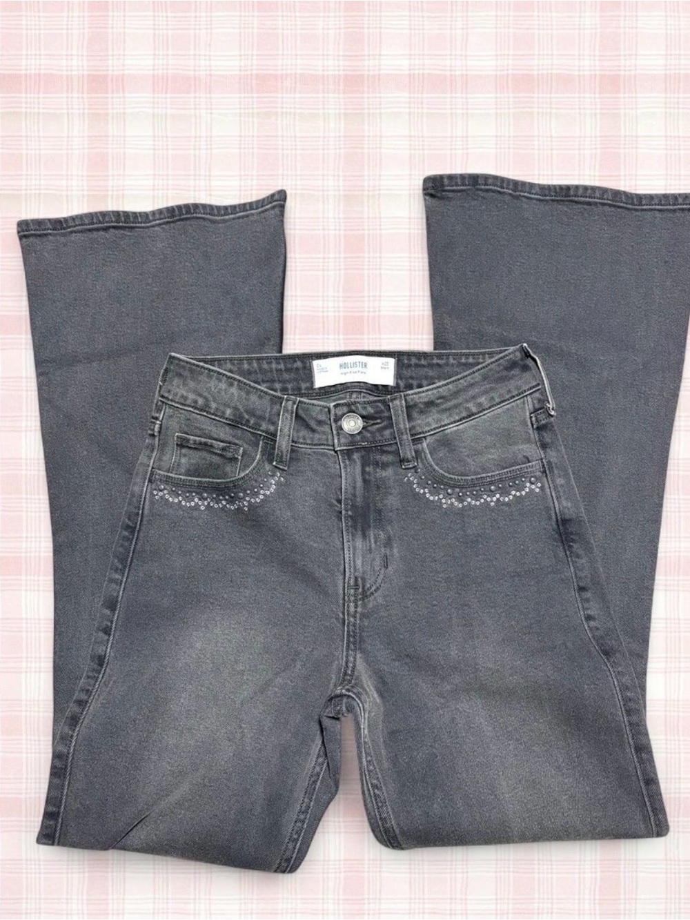 Hollister Women's Faded Black Embellished Flared Jeans